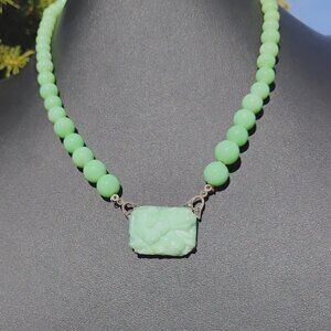 Vtg Peking Glass Bead Necklace Sterling Silver Molded Glass Marcasite Pendant